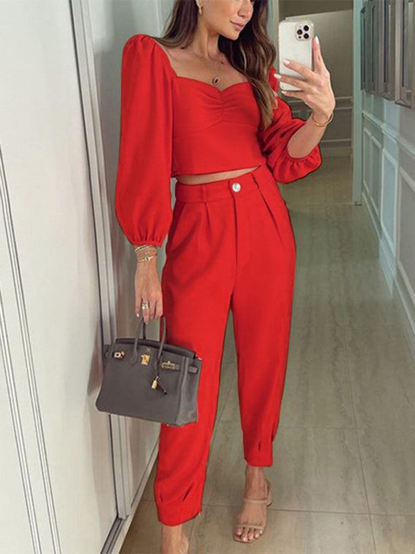 Women's OL temperament solid color square collar top high waist trousers two-piece set Red