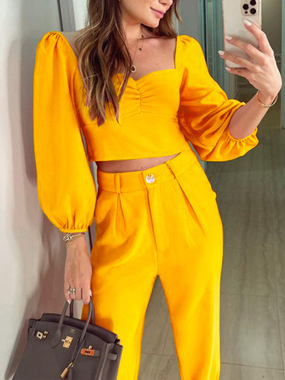 Women's OL temperament solid color square collar top high waist trousers two-piece set Yellow