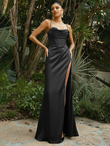 Sexy Sleeveless Strap Chest Pleated Gown Dress Black