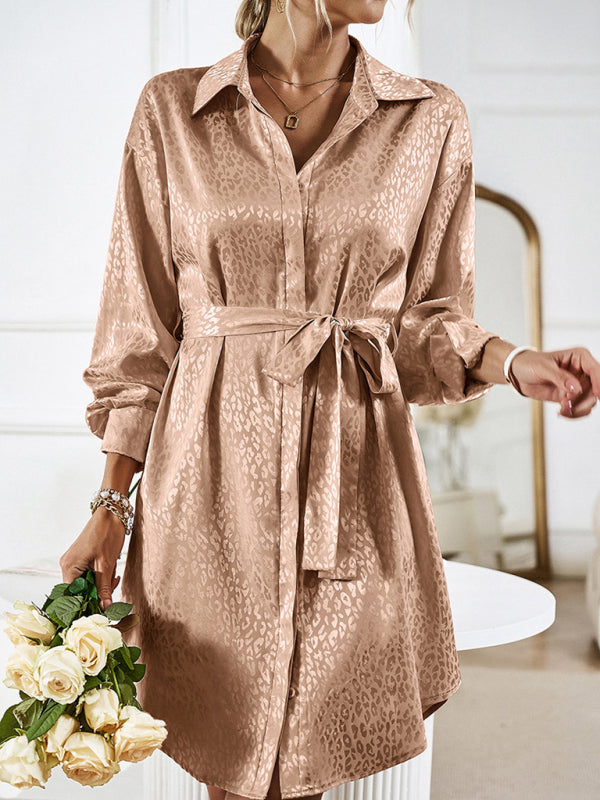 Elegant and elegant shirt collar open placket long sleeve dress Brown