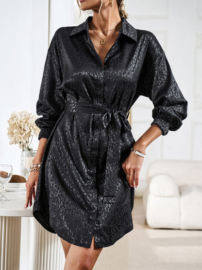 Elegant and elegant shirt collar open placket long sleeve dress Black