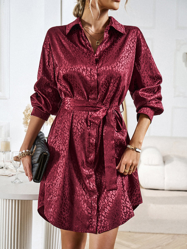 Elegant and elegant shirt collar open placket long sleeve dress Wine Red