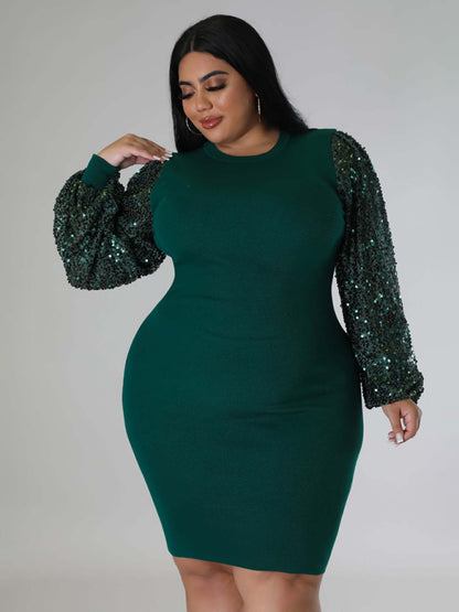 New Plus Size Ladies Sexy Solid Color Sequin Puff Sleeve Dress