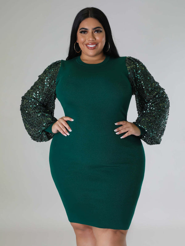 New Plus Size Ladies Sexy Solid Color Sequin Puff Sleeve Dress Green