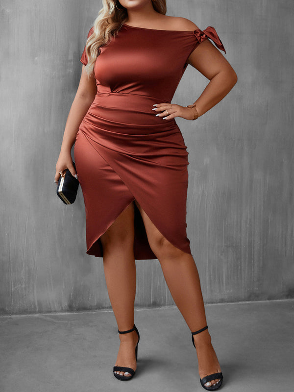 Plus Size Women's Casual Solid Color Slanted Collar Short-Sleeved Wrap Hip Dress Brown