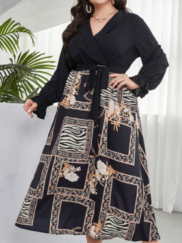 New Plus Size Women's Age-Reducing Tie-Print Dress | Elegant & Simple X-Style Black