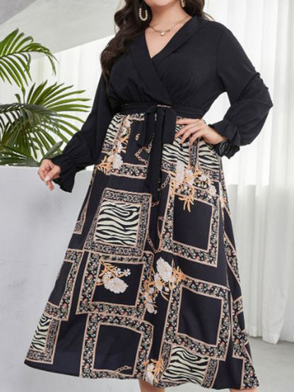 New Plus Size Women's Age-Reducing Tie-Print Dress | Elegant & Simple X-Style Black