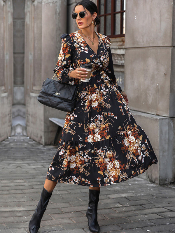 Women's Ruffle Belt Printed Autumn Dress