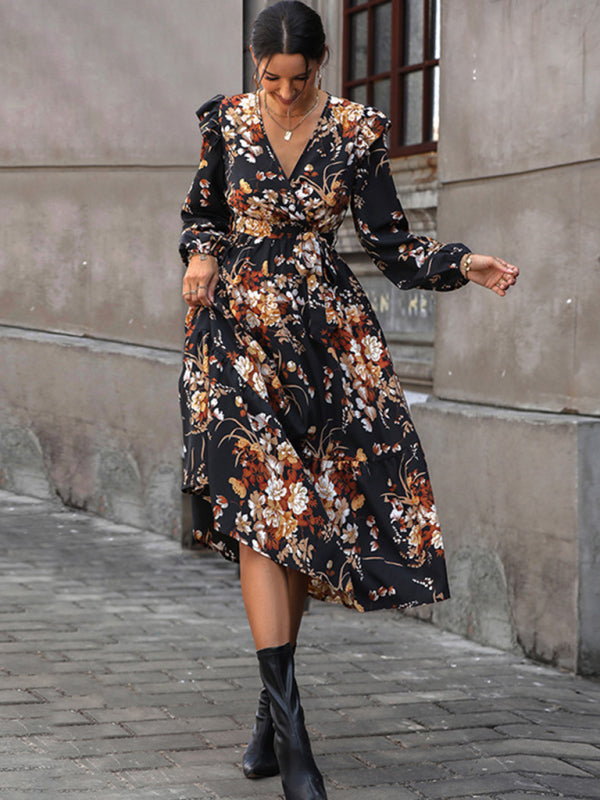 Women's Ruffle Belt Printed Autumn Dress