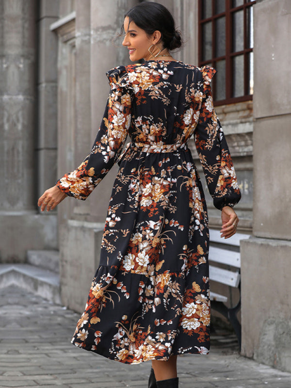 Women's Ruffle Belt Printed Autumn Dress