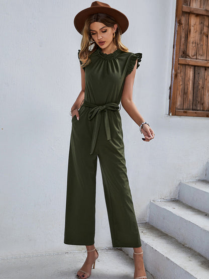 Women's elegant casual belted sleeveless jumpsuit Olive green