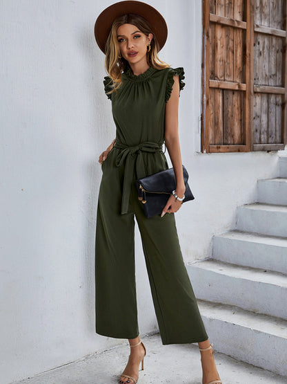 Women's elegant casual belted sleeveless jumpsuit