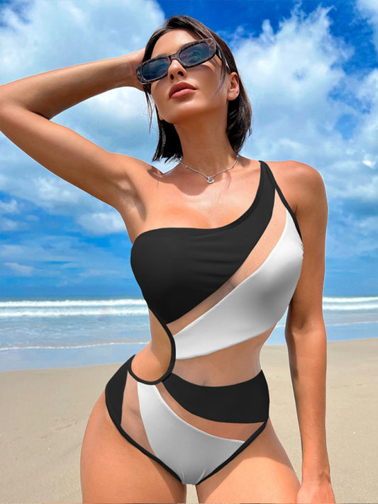 New solid color hollow mesh sexy bikini one-piece swimsuit White