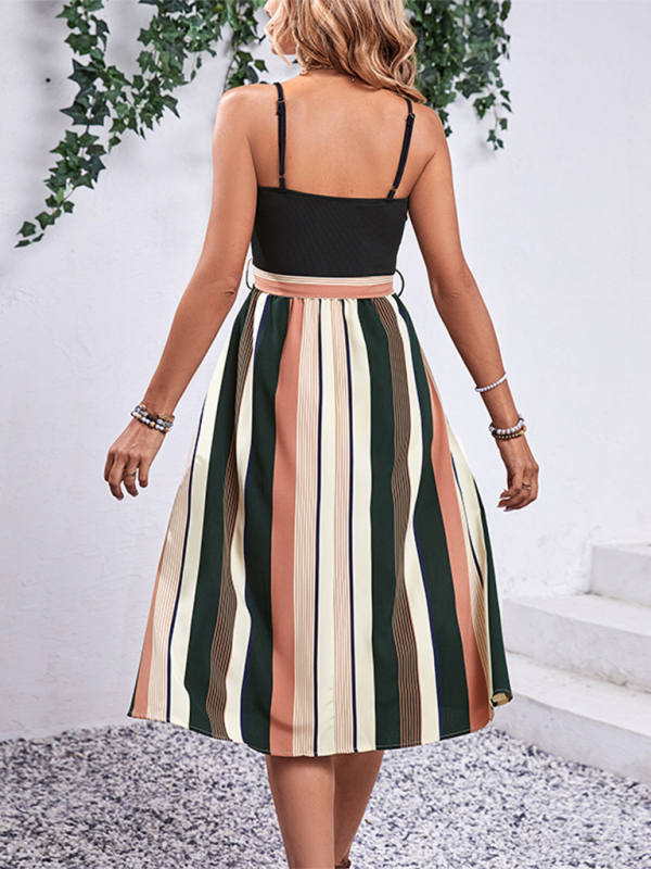 Women's striped patchwork suspender dress