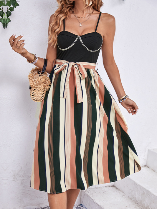 Women's striped patchwork suspender dress Black