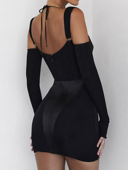 New sexy suspender backless see-through long-sleeved hip-covering dress (including sleeves)