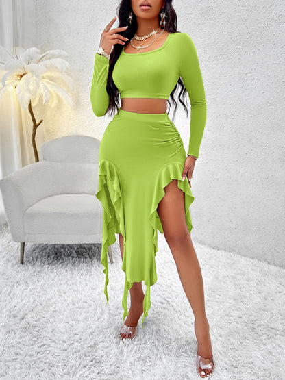 Women's Solid Color Round Neck Long Sleeve Top Ruffled Skirt Suit Green