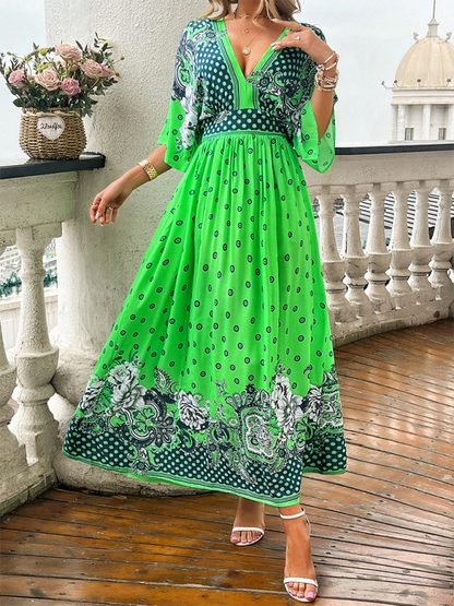 Spring and summer casual holiday printed V-neck long skirt