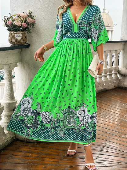 Spring and summer casual holiday printed V-neck long skirt Green