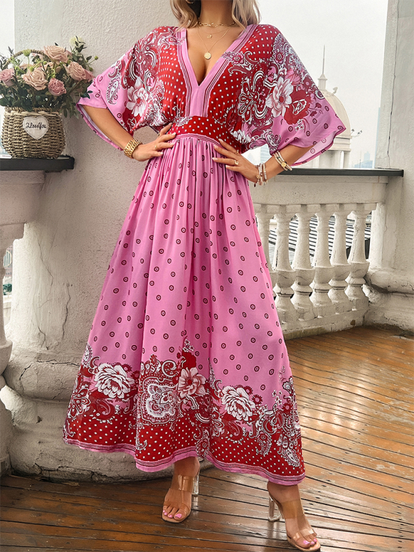 Spring and summer casual holiday printed V-neck long skirt Pink