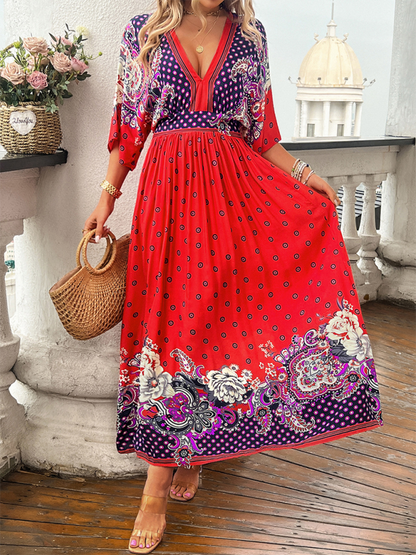 Spring and summer casual holiday printed V-neck long skirt Red