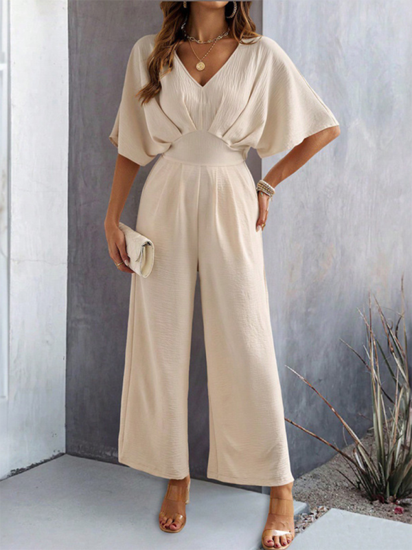 Women's short-sleeved solid color temperament casual wide-leg jumpsuit Cracker khaki