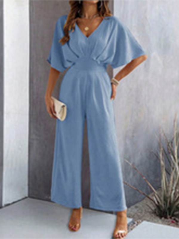 Women's short-sleeved solid color temperament casual wide-leg jumpsuit Blue