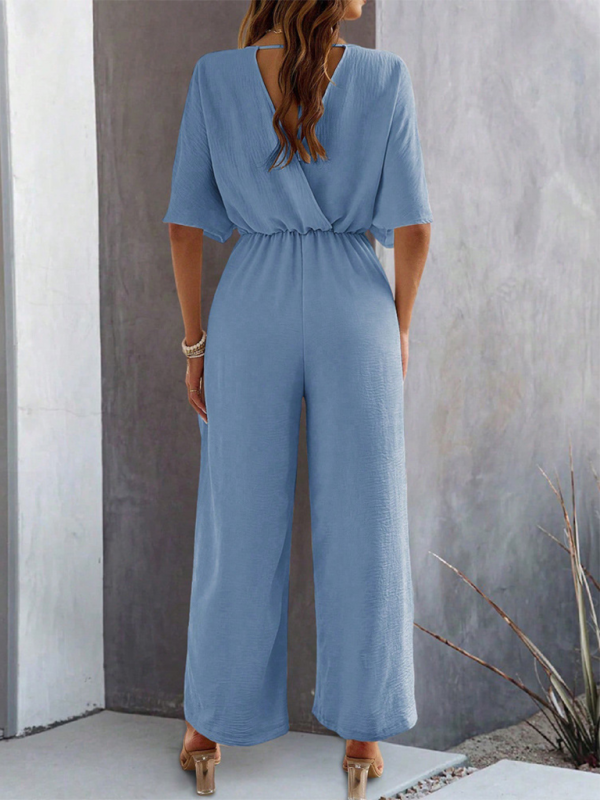 Women's short-sleeved solid color temperament casual wide-leg jumpsuit