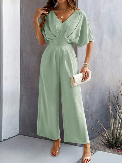 Women's short-sleeved solid color temperament casual wide-leg jumpsuit Pea green grey