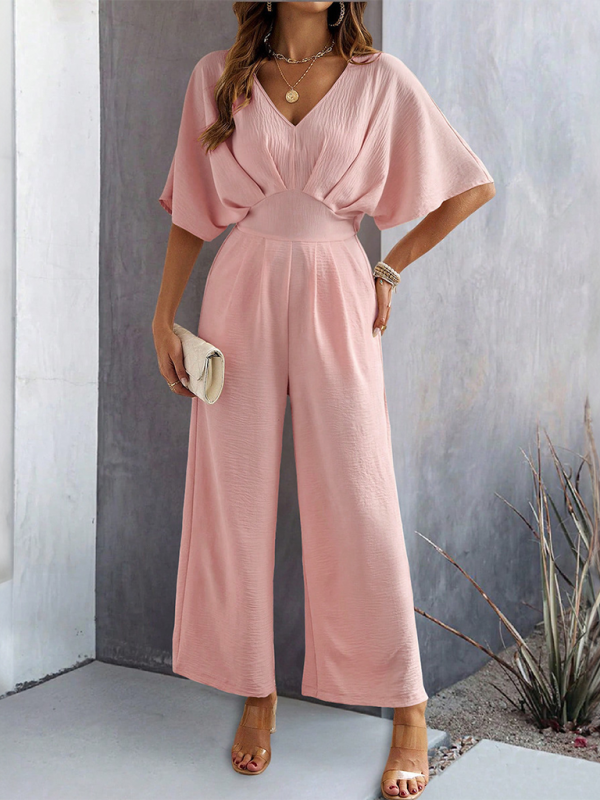 Women's short-sleeved solid color temperament casual wide-leg jumpsuit Pink