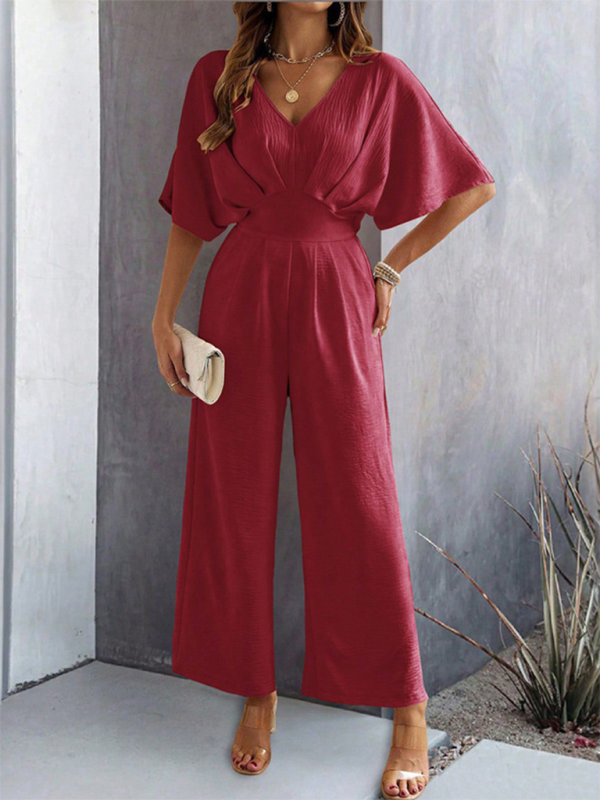 Women's short-sleeved solid color temperament casual wide-leg jumpsuit Wine Red