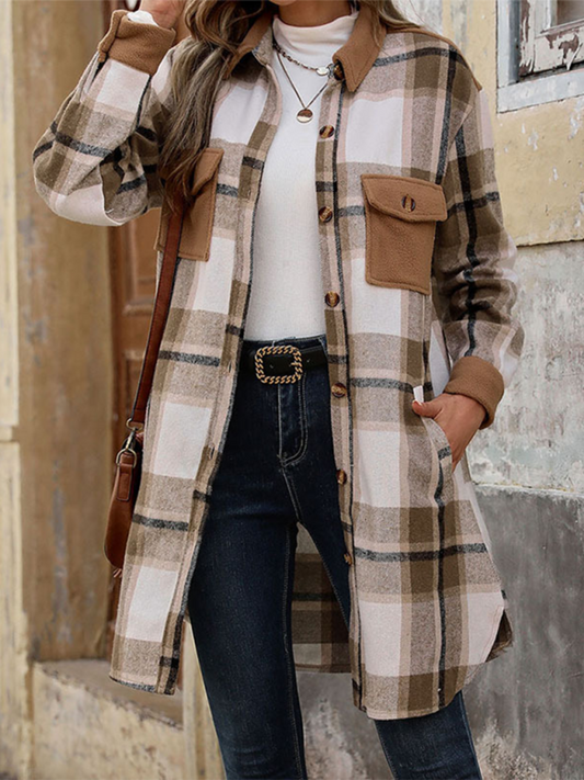 Women's New Mid-Length Plaid Cardigan Retro Brushed Plaid Patchwork Jacket Coffee