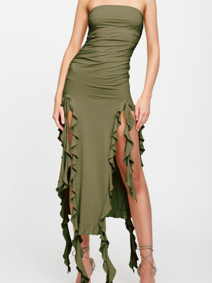 Ladies new fashion sexy personality wrap chest irregular dress Olive green