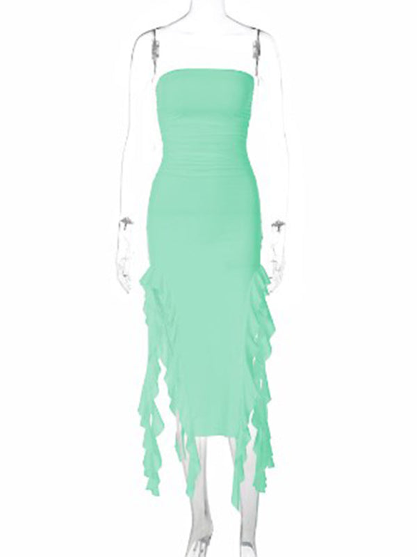 Ladies new fashion sexy personality wrap chest irregular dress Pale green