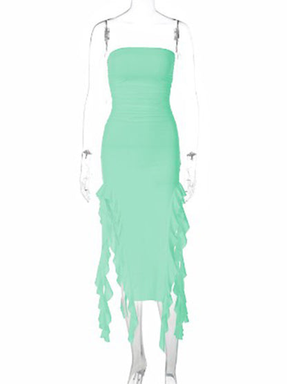 Ladies new fashion sexy personality wrap chest irregular dress Pale green