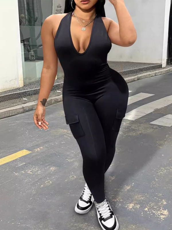 New women's sexy backless halter neck V-neck with pockets hip-lifting sports jumpsuit