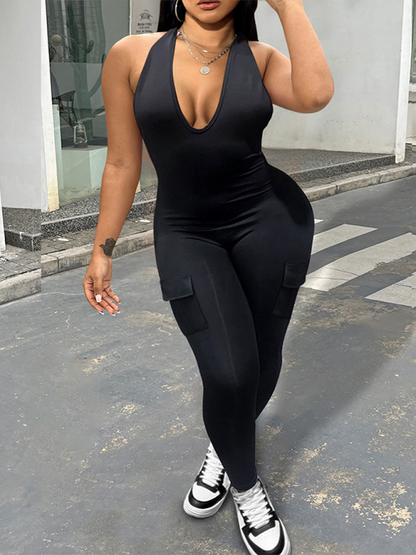 New women's sexy backless halter neck V-neck with pockets hip-lifting sports jumpsuit Black