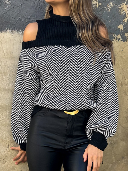 Women's Striped Half Turtleneck Off-Shoulder Sweater – Fashionable Knit Pullover