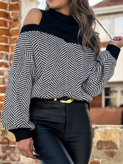 Women's Striped Half Turtleneck Off-Shoulder Sweater – Fashionable Knit Pullover Black