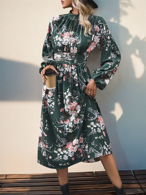 New retro print elegant high waist long sleeve stand collar dress