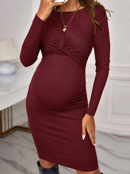 New round neck long sleeve knitted maternity dress tight solid color short maternity clothes