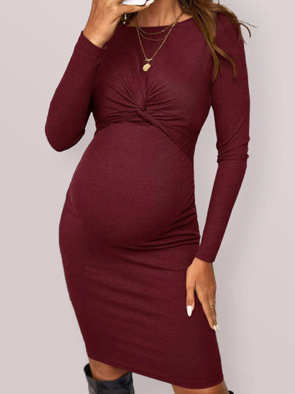 New round neck long sleeve knitted maternity dress tight solid color short maternity clothes Wine Red