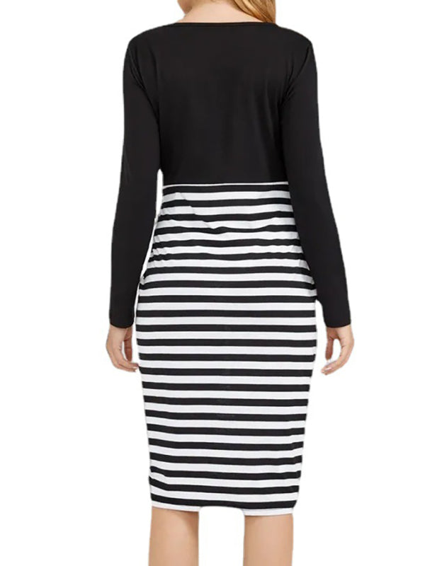 Maternity long sleeve striped round neck dress