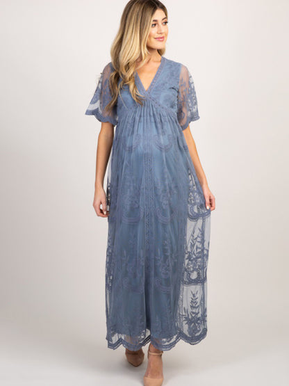 Maternity clothes-Woven short-sleeved V-neck lace long dress