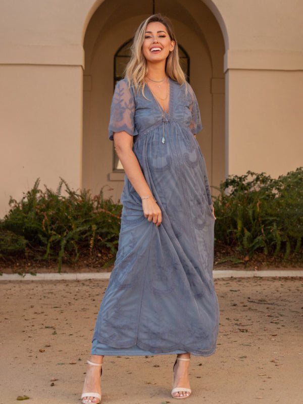 Maternity clothes-Woven short-sleeved V-neck lace long dress Blue