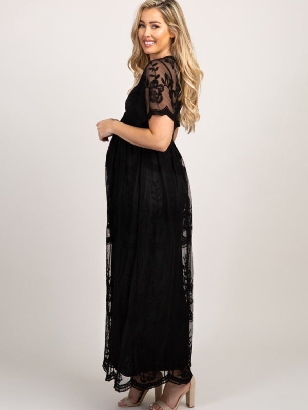 Maternity clothes-Woven short-sleeved V-neck lace long dress