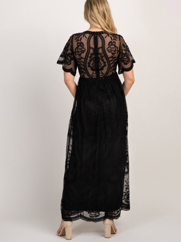 Maternity clothes-Woven short-sleeved V-neck lace long dress