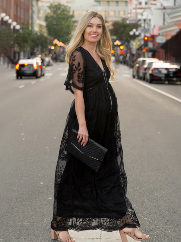 Maternity clothes-Woven short-sleeved V-neck lace long dress