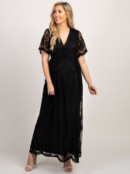 Maternity clothes-Woven short-sleeved V-neck lace long dress Black