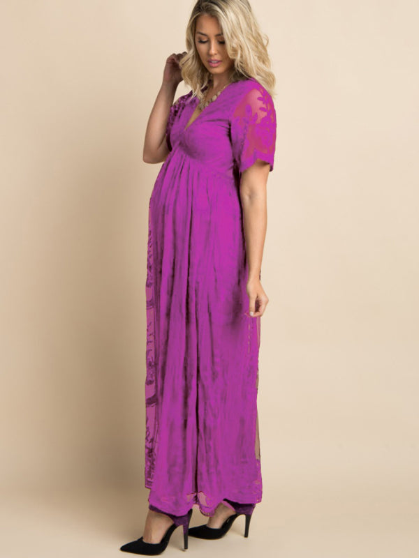 Maternity clothes-Woven short-sleeved V-neck lace long dress